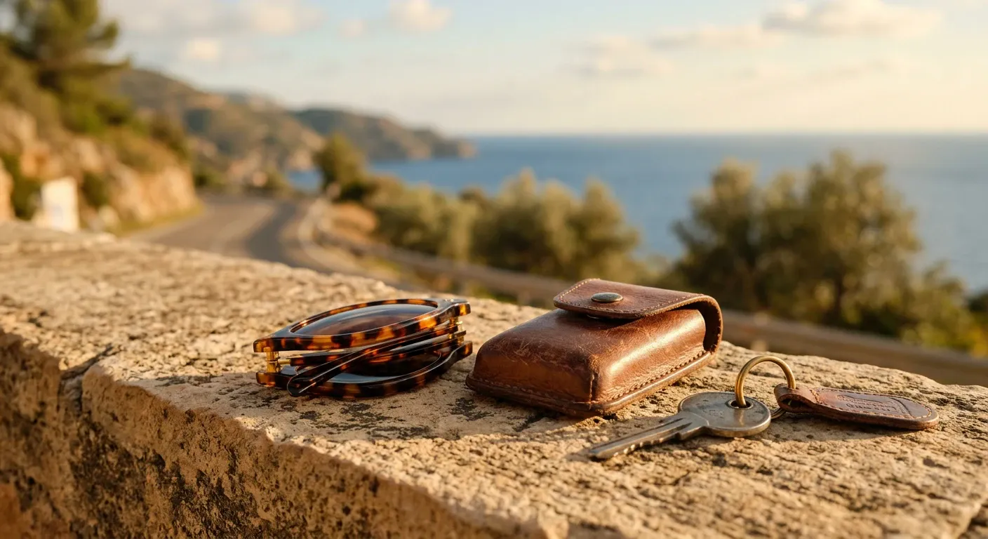 Lunettes pliées près d'un étui en cuir marron et d'une clé de voiture ancienne