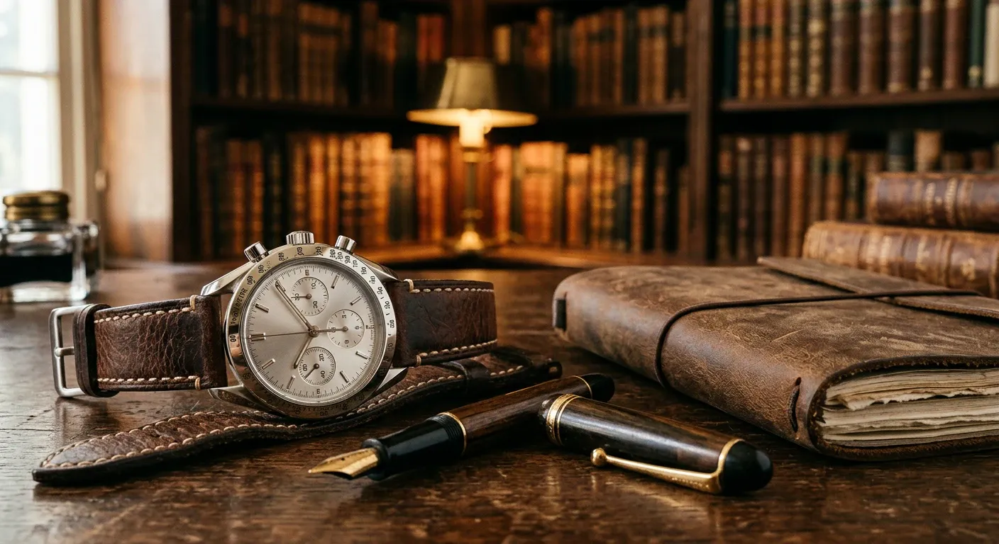 Chronographe en acier posé près d'un stylo plume et d'un carnet en cuir