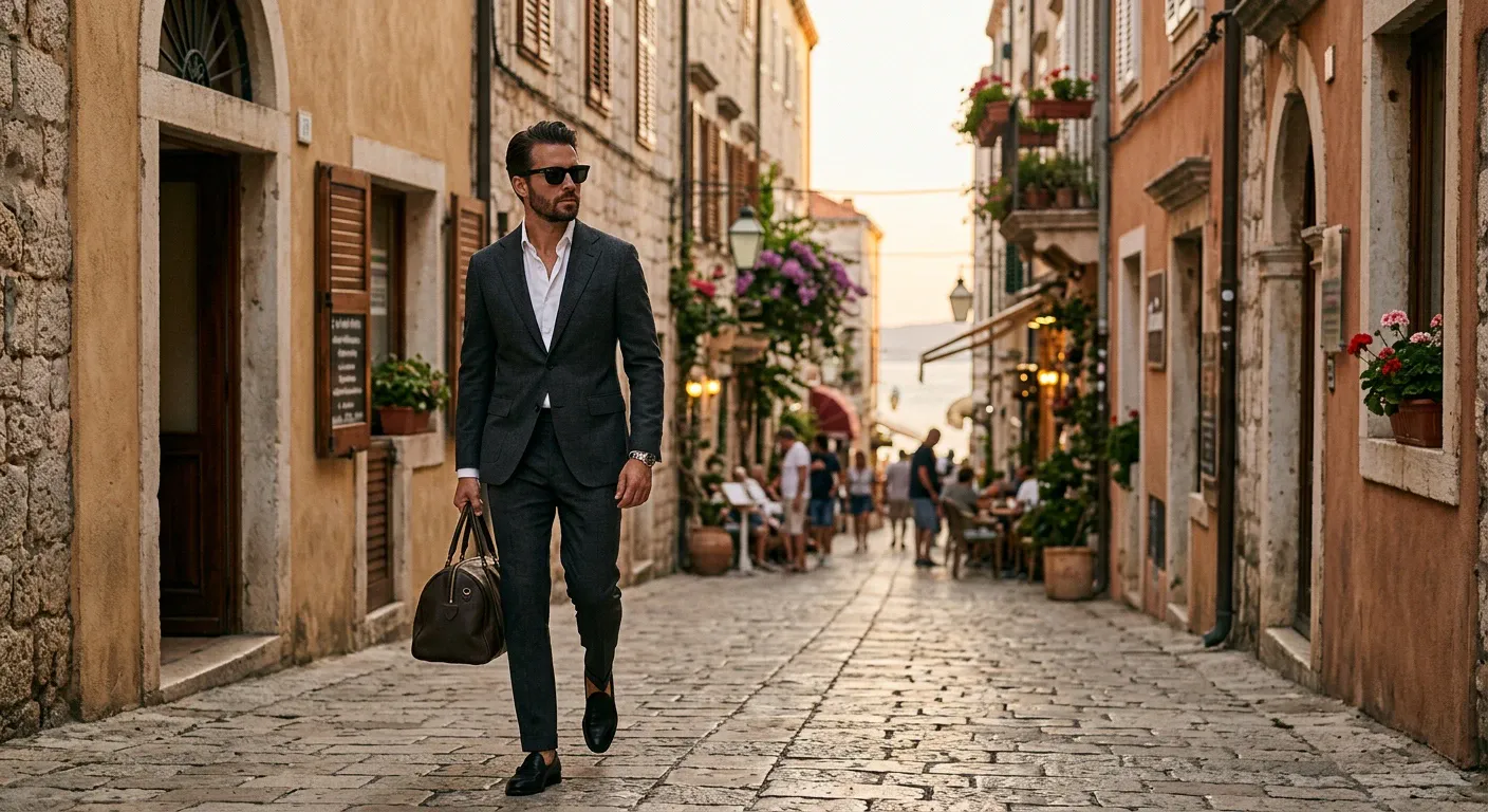 Homme en costume anthracite portant des lunettes noires dans une rue méditerranéenne
