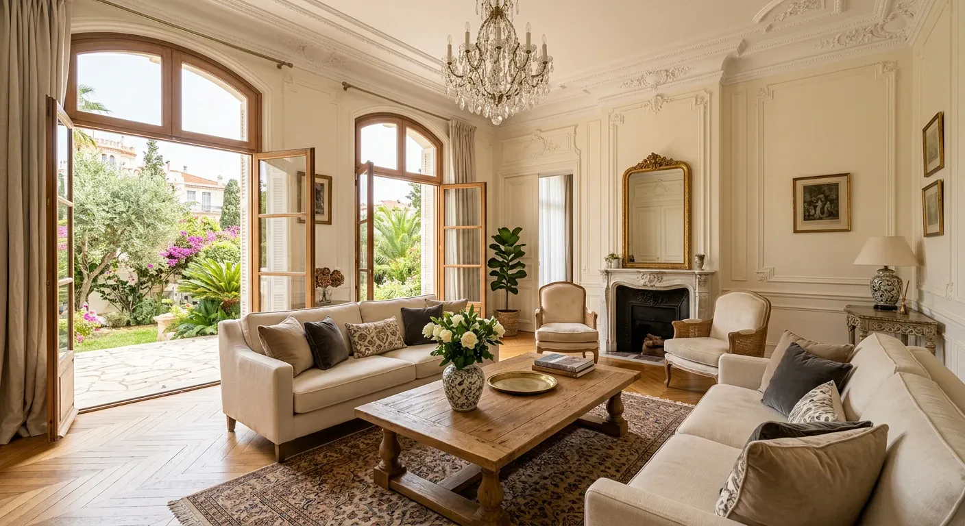 Séjour meublé avec parquet en chevrons