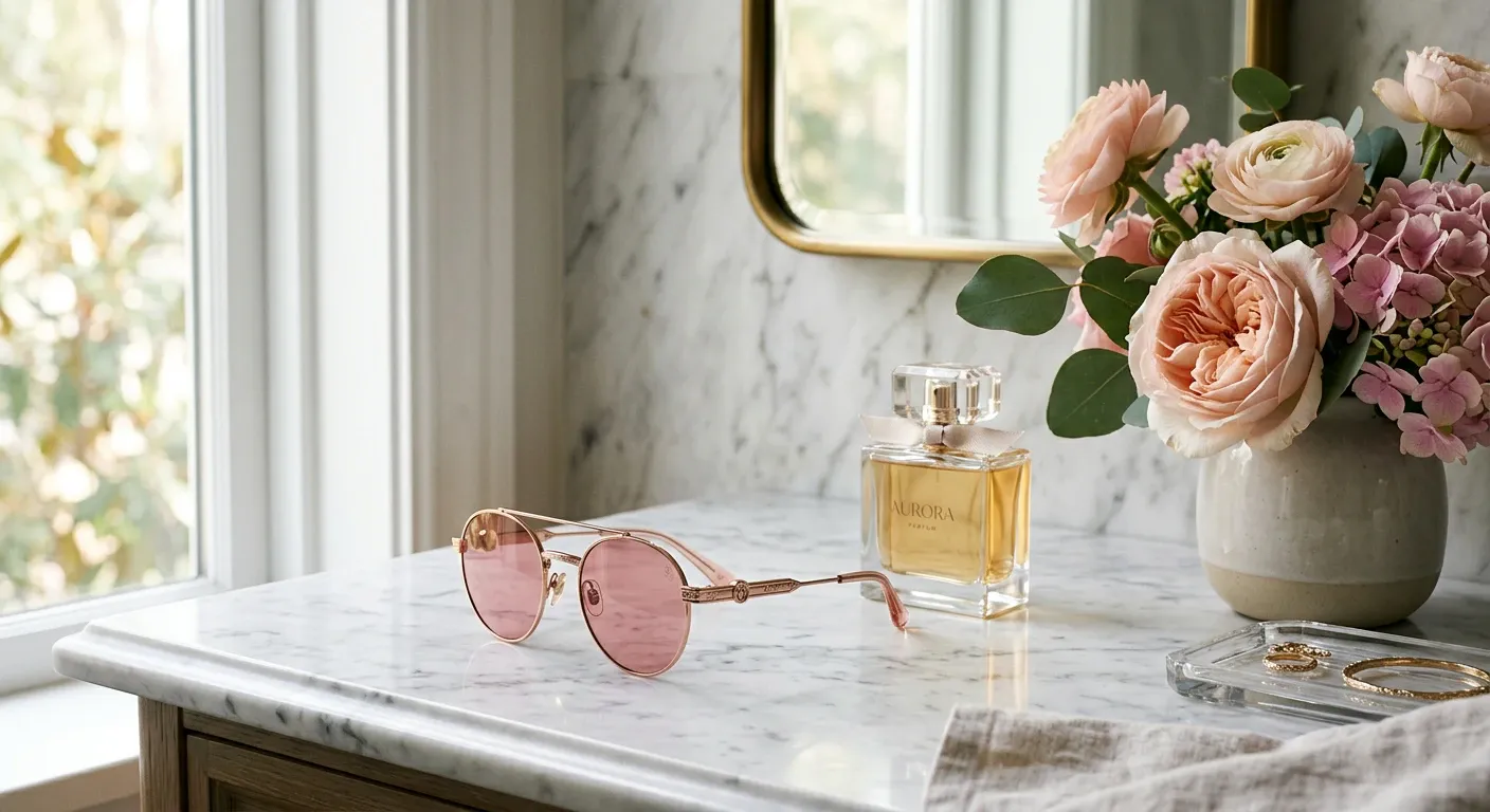 Lunettes de soleil or rose posées sur un marbre près d'un flacon de parfum