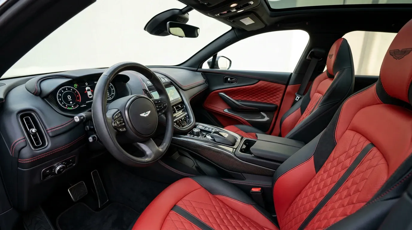 Habitacle cuir matelassé obsidienne et rouge de l'Aston Martin DBX707