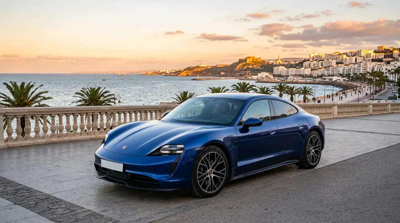 Porsche Taycan 4S bleue, vue trois quarts avant