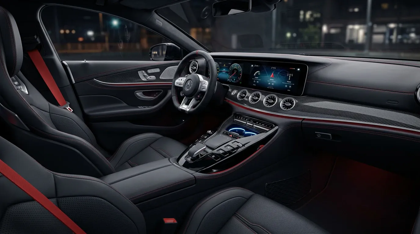Habitacle cuir noir et ceintures rouges de la Mercedes-AMG GT