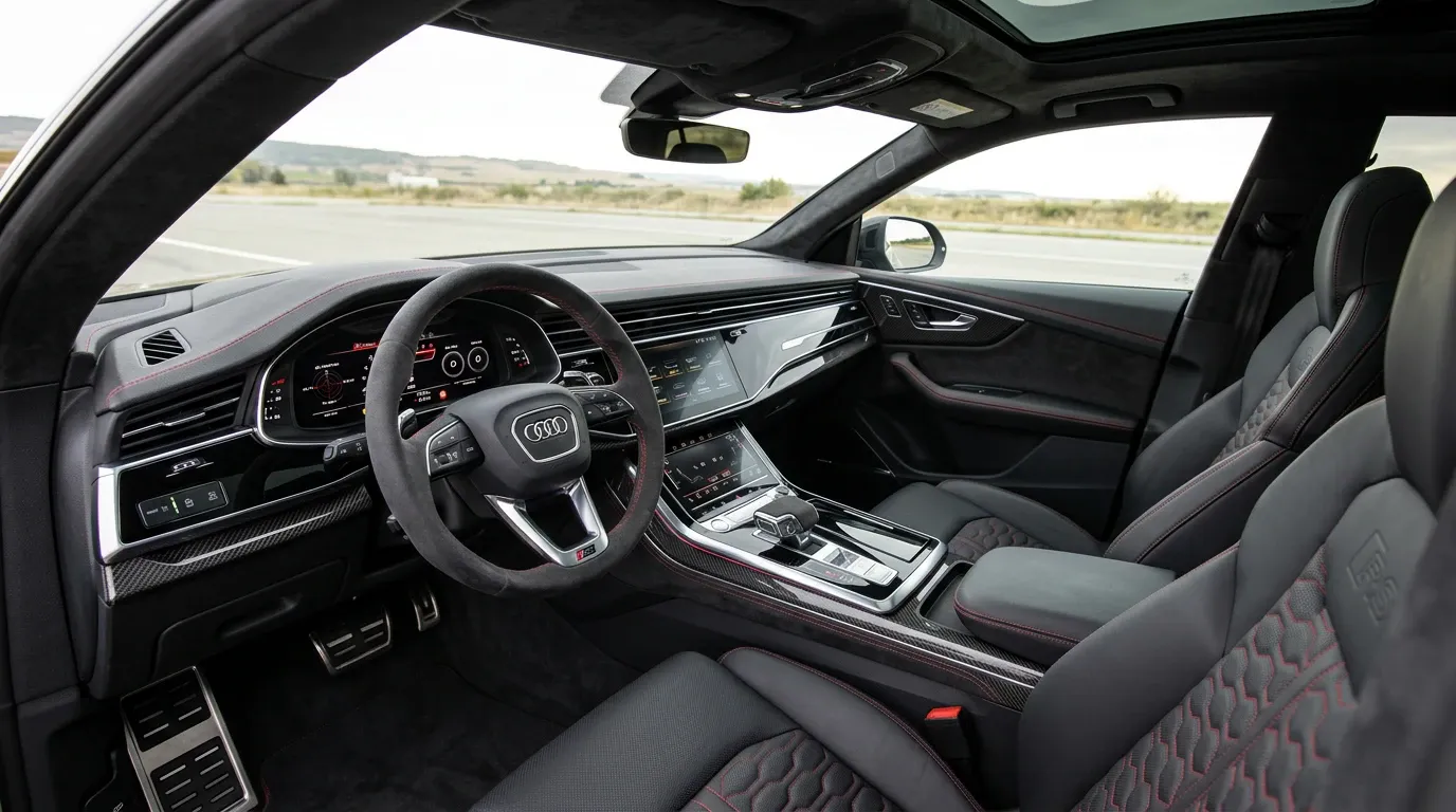 Habitacle Alcantara noir et double écran de l'Audi RS Q8
