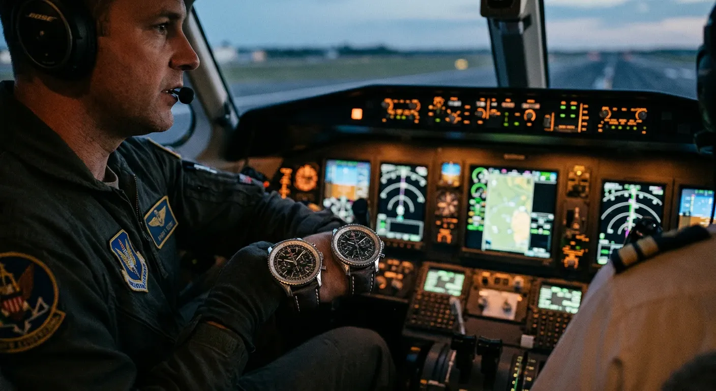 Chronographe d'aviateur porté au poignet devant un tableau de bord de jet
