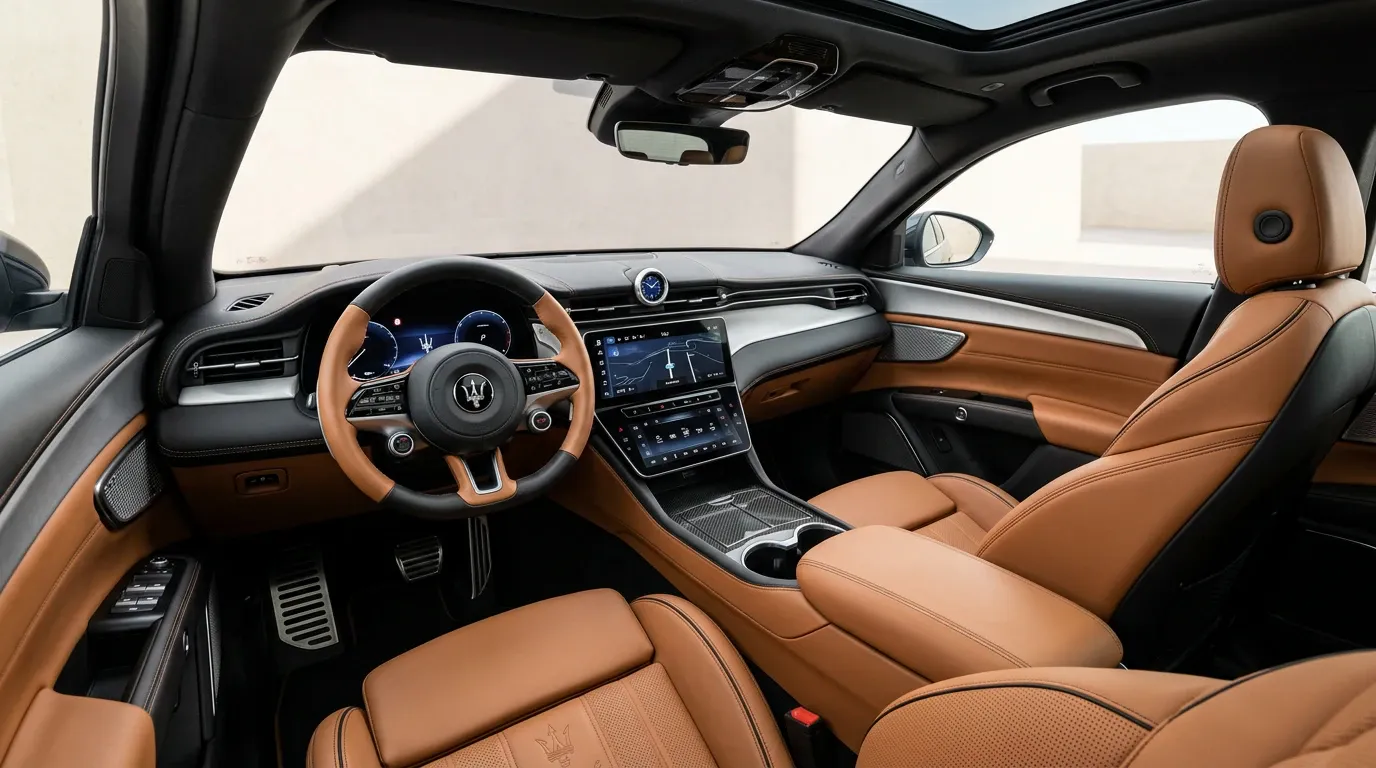 Intérieur cuir tan et doubles écrans du Maserati Grecale