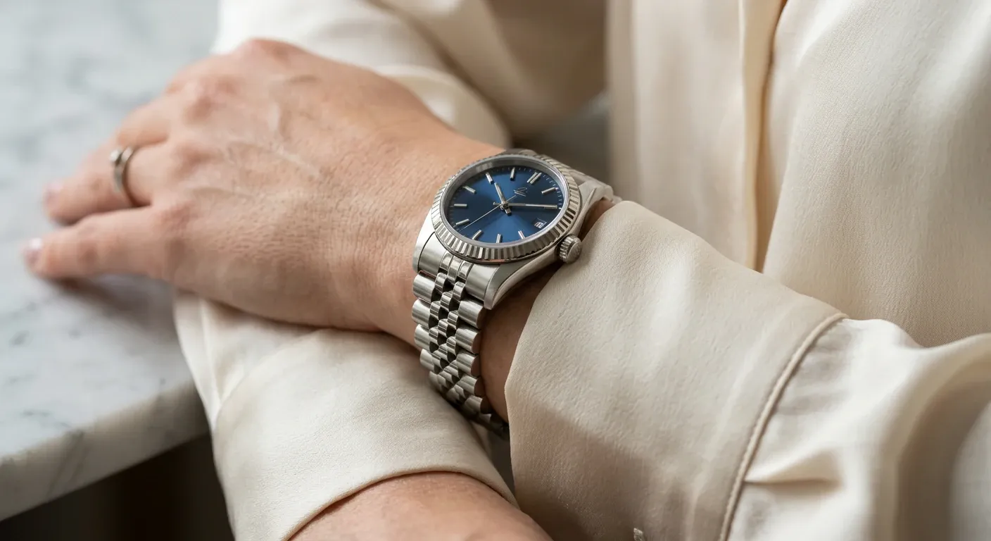 Montre à cadran bleu portée au poignet sur une manche en soie crème