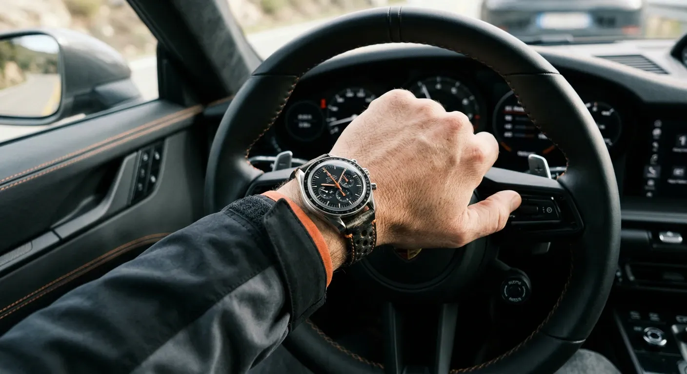 Chronographe sportif porté au poignet près d'un volant en cuir cousu