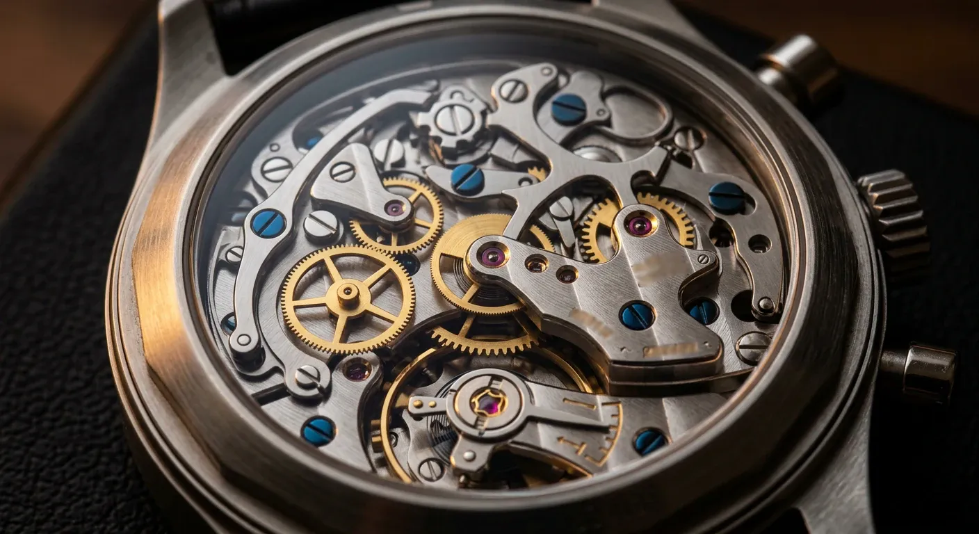 Vue du fond saphir d'un chronographe à remontage manuel, mouvement apparent