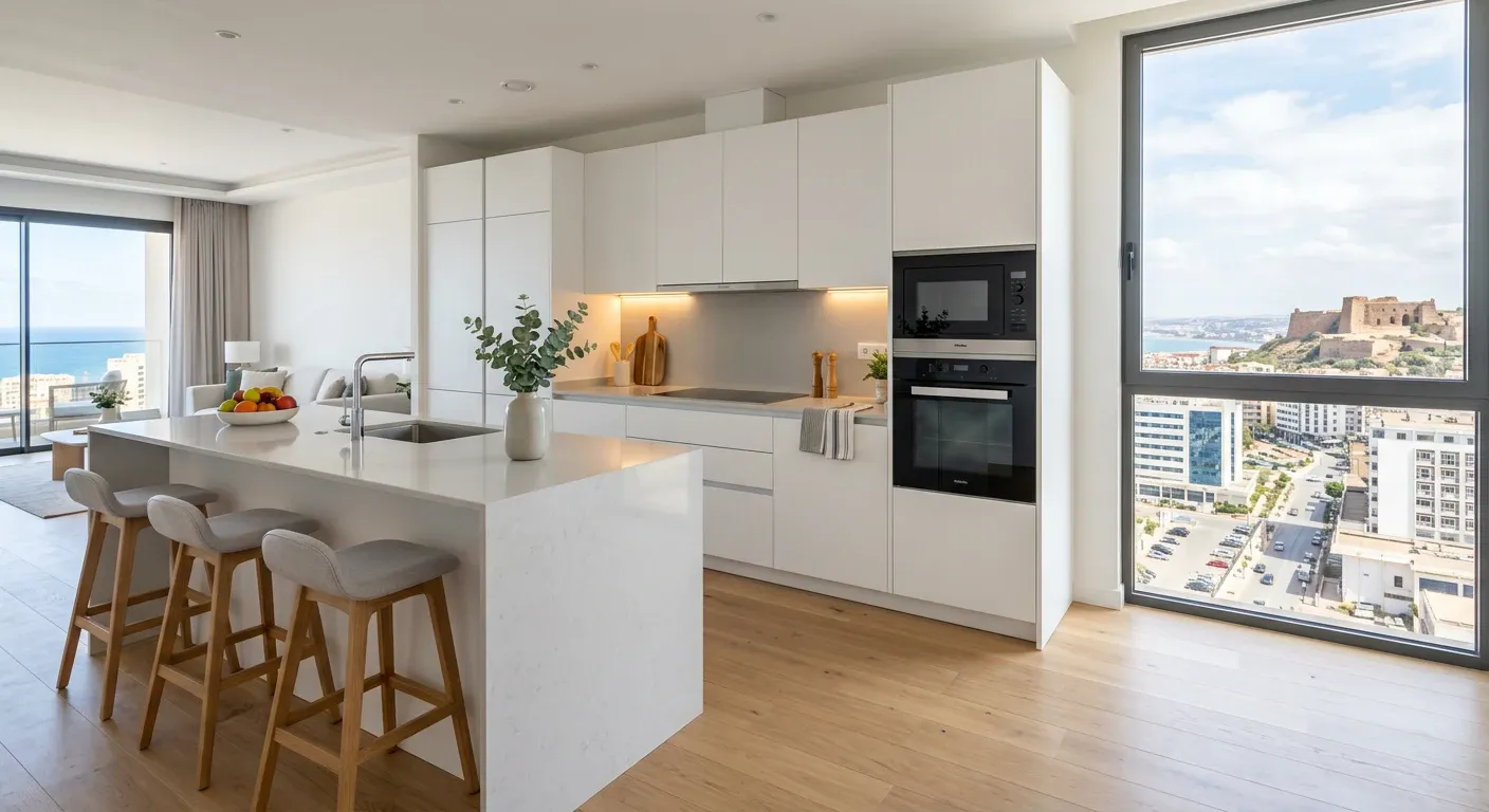 Cuisine équipée avec îlot en quartz