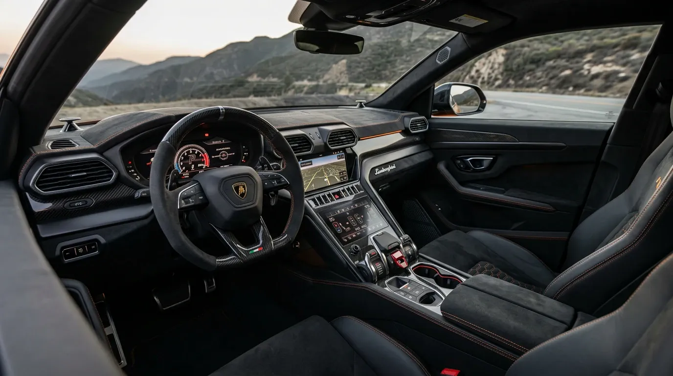 Habitacle Alcantara noir et surpiqûres orange de la Lamborghini Urus