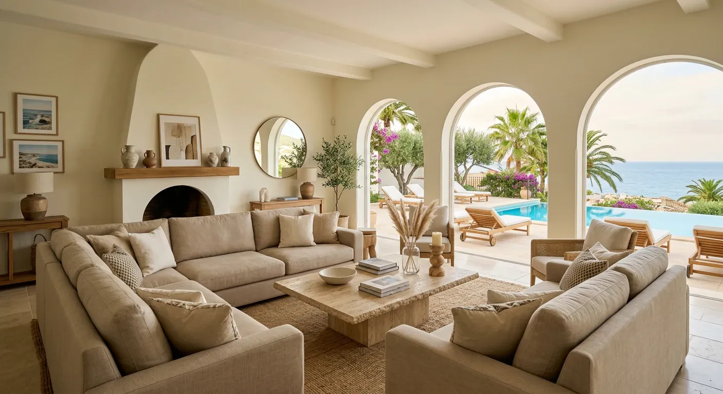 Salon élégant ouvert sur la terrasse de la piscine