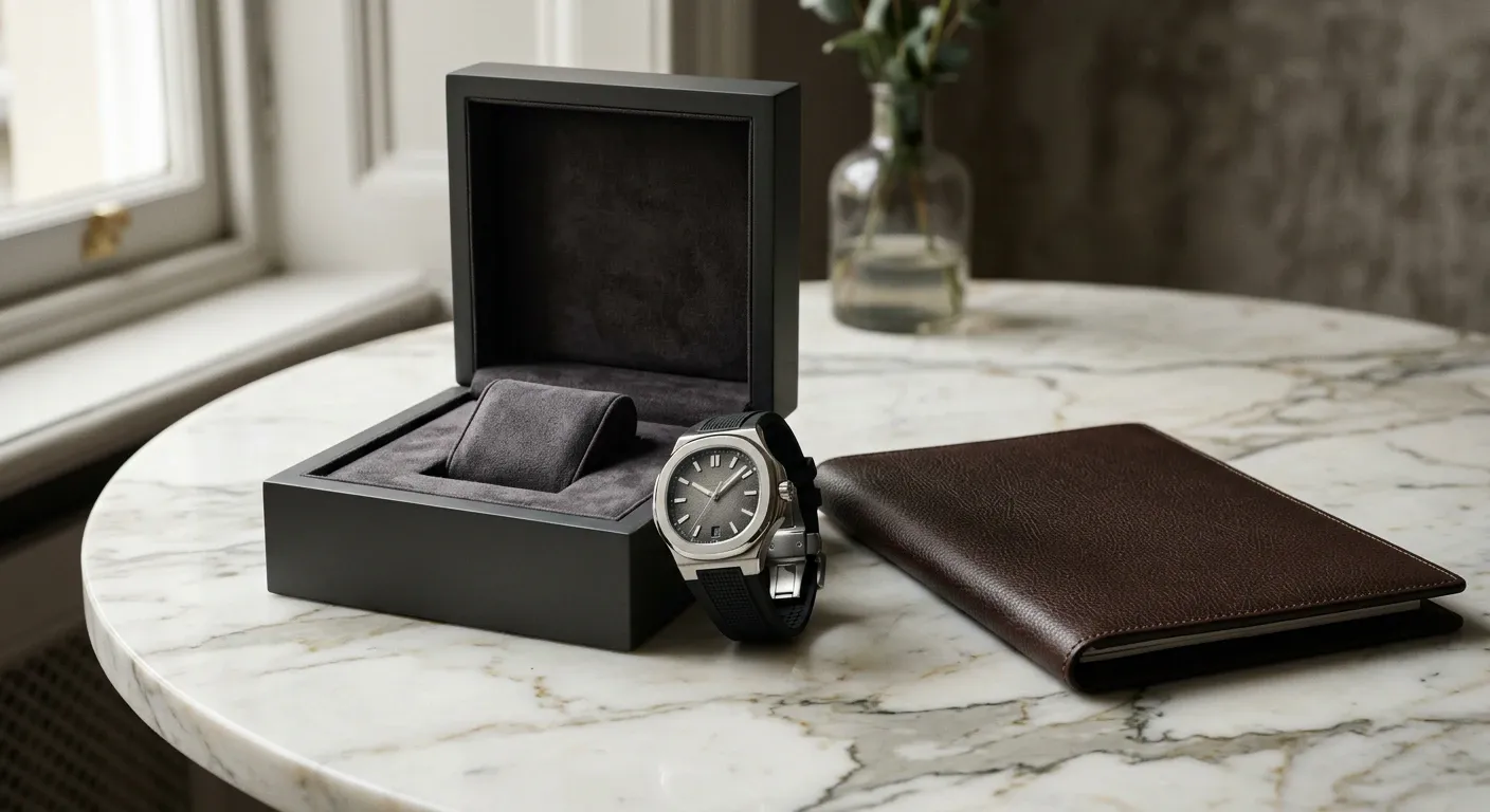 Montre à bracelet caoutchouc avec son coffret ouvert sur une table en marbre