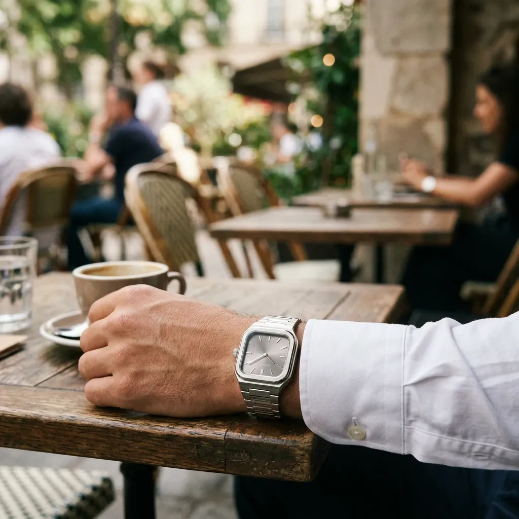 Montre carrée portée au poignet avec une manchette de chemise blanche