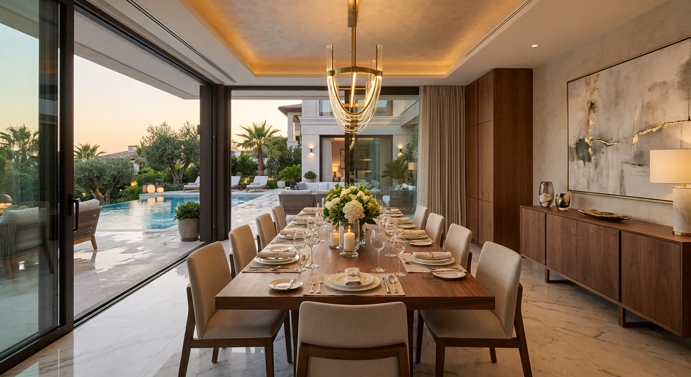 Salle à manger de réception ouverte sur la piscine