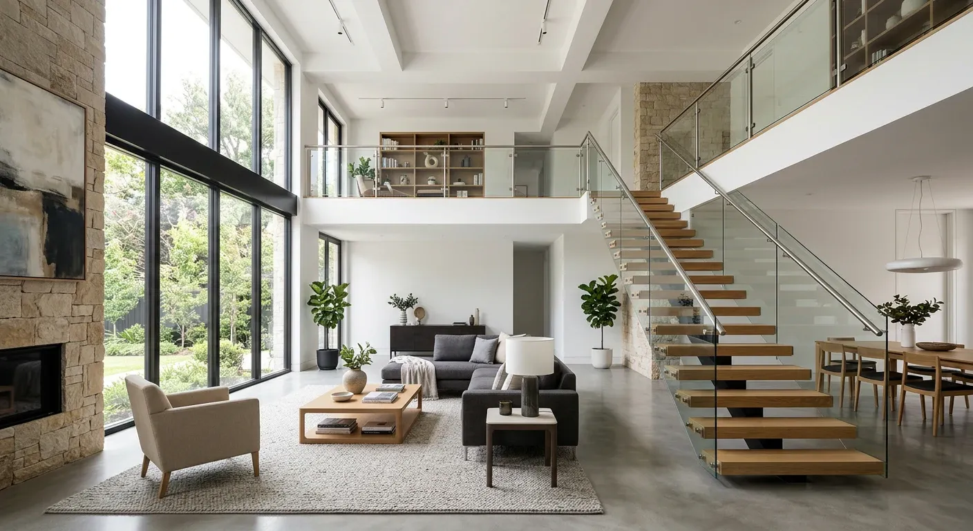 Séjour double hauteur avec escalier suspendu