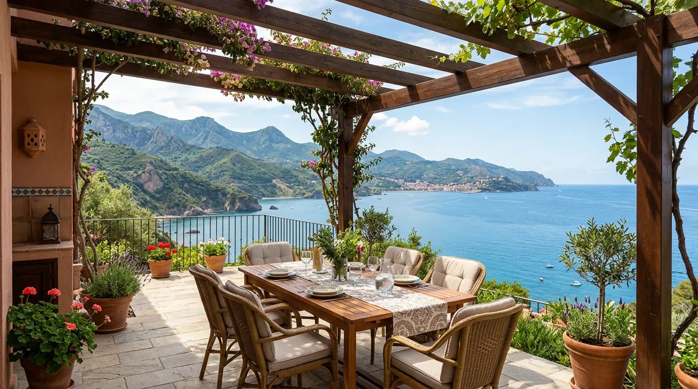Terrasse sous pergola face à la Méditerranée