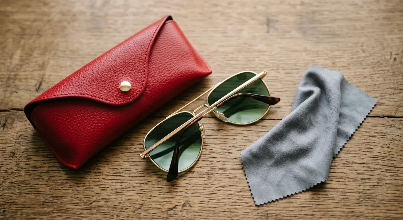 Lunettes de soleil dorées posées sur leur étui rigide rouge