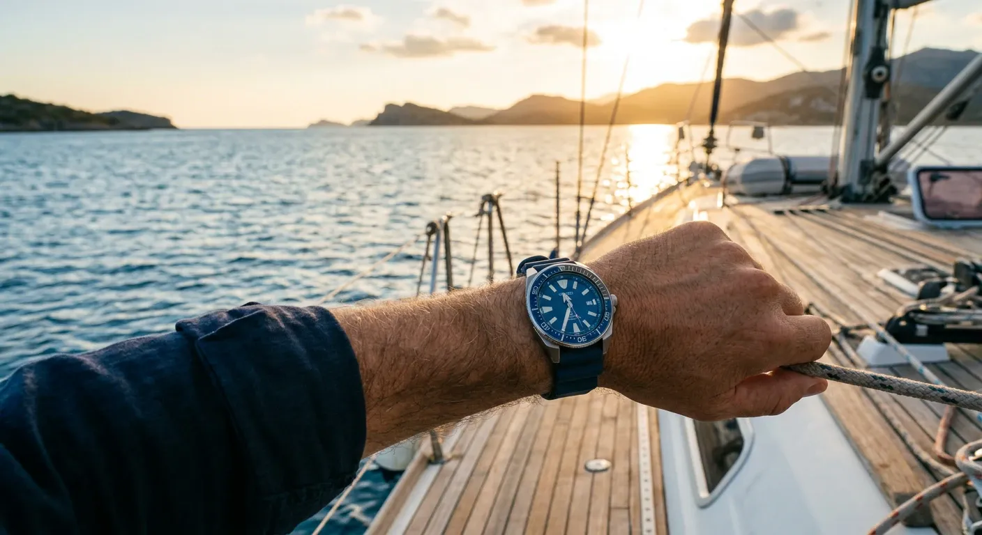 Montre de plongée bleue portée au poignet sur le pont d'un voilier