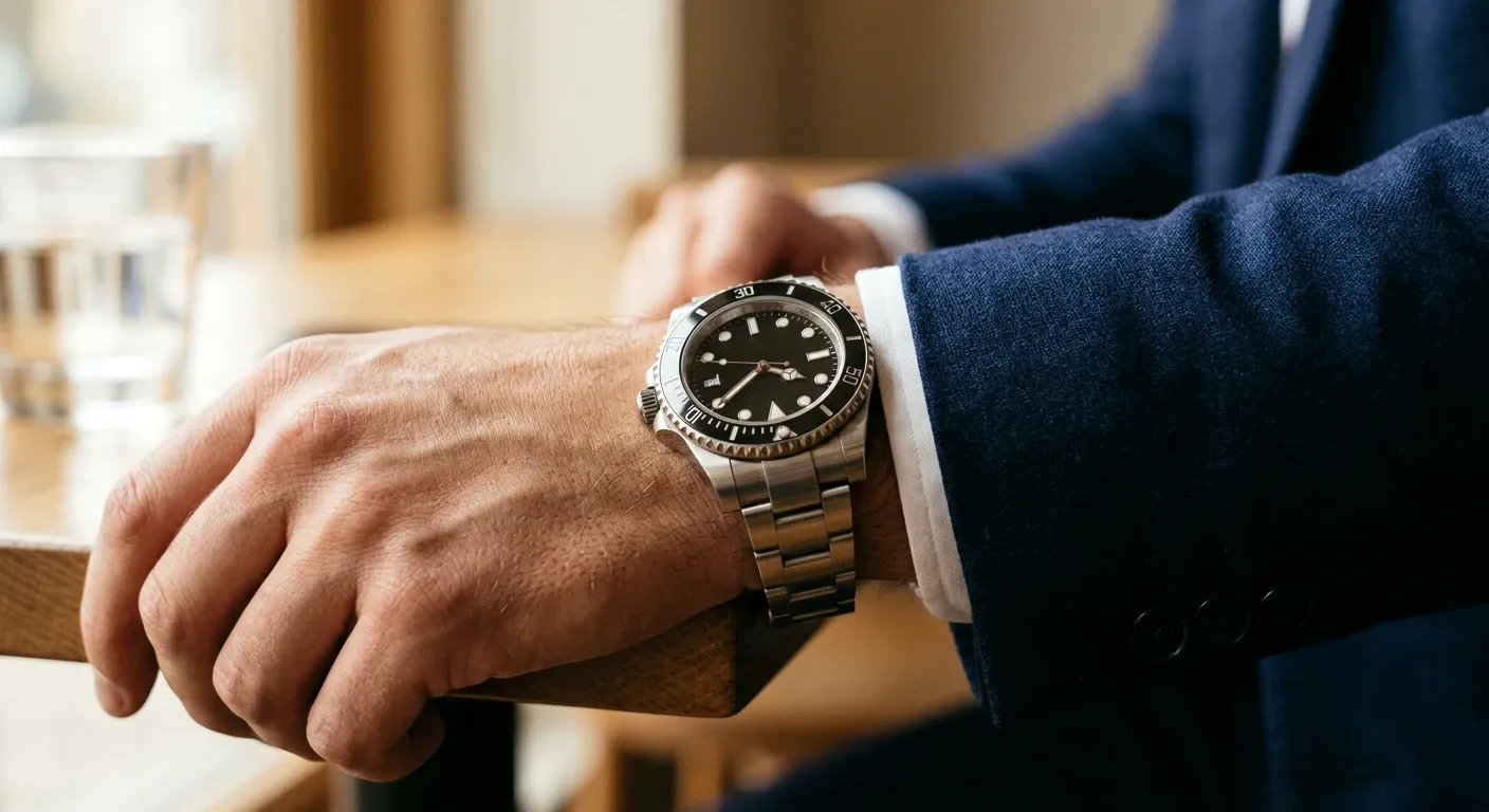 Montre de plongée acier portée au poignet, manchette de costume bleu marine
